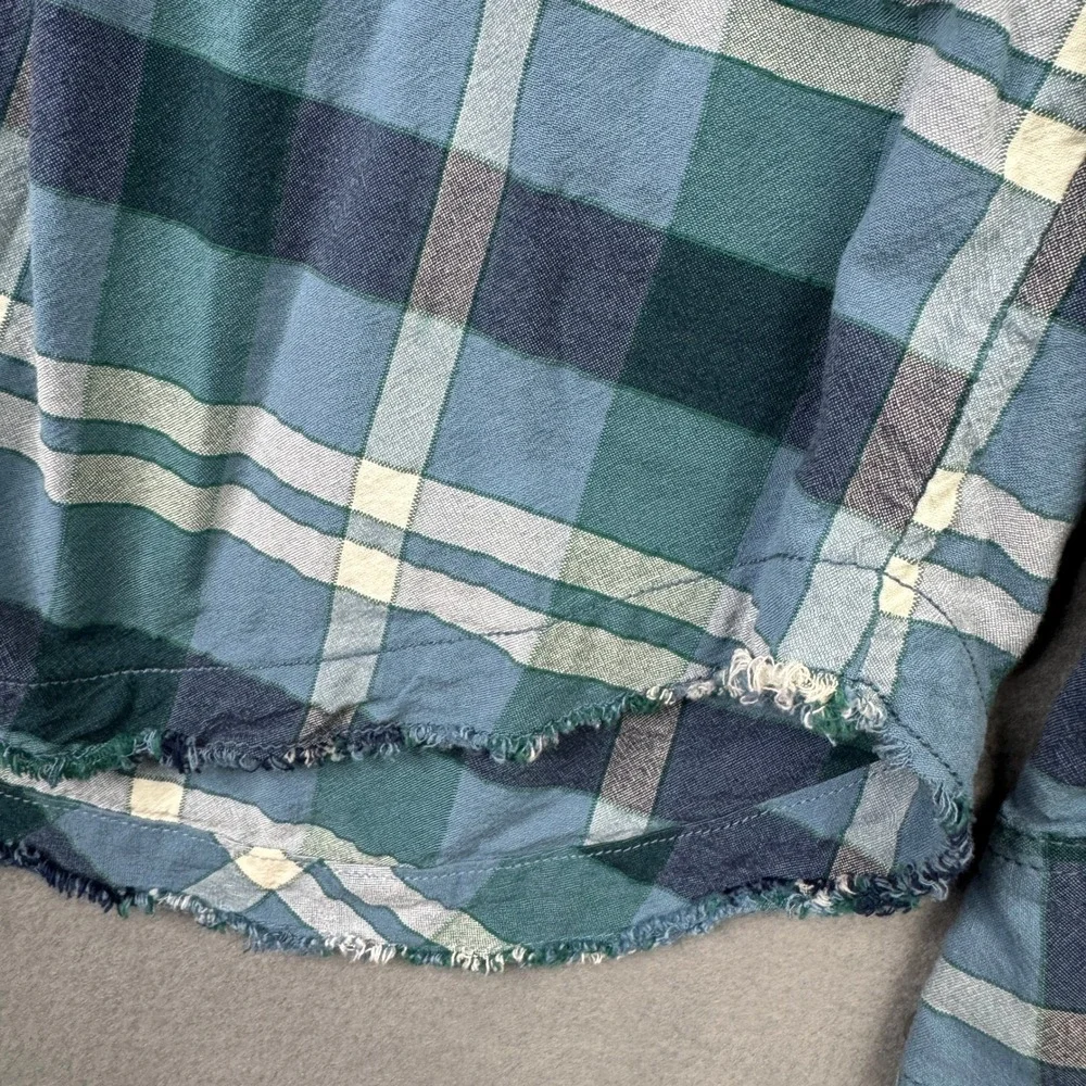Free People One of the Guys Plaid Shirt Blue Green Frayed Hem Oversized S P